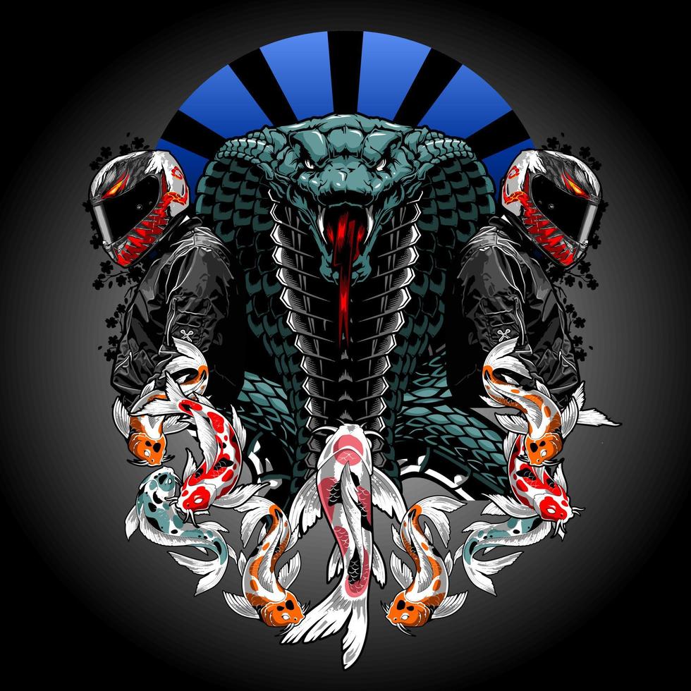 turquoise snake and koi fish in biker background vector