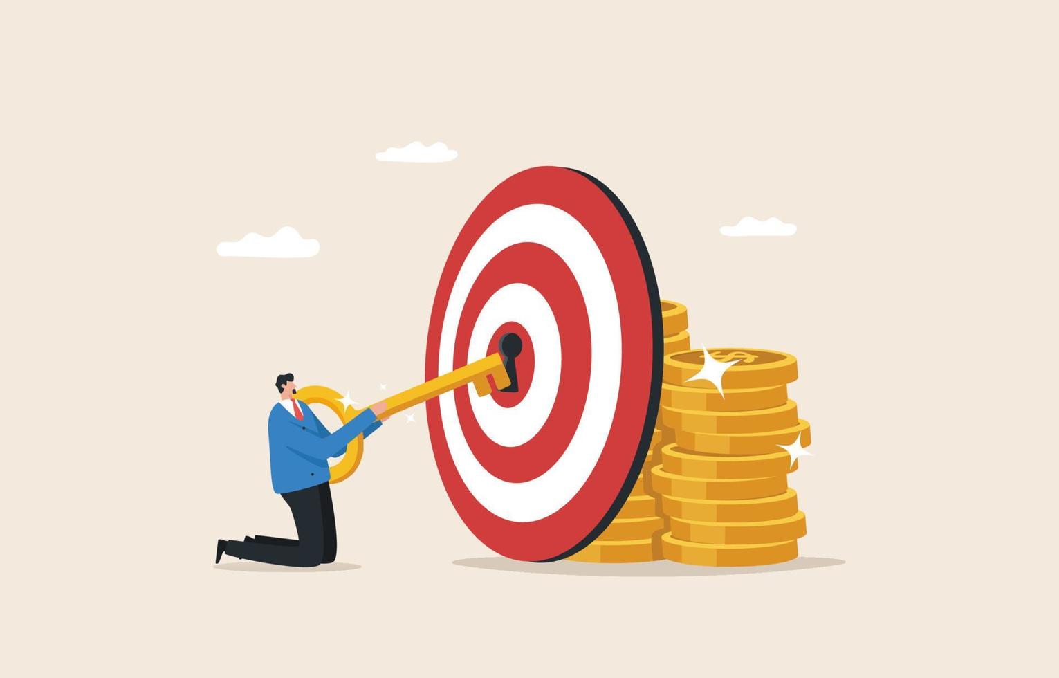 Keys to Financial Success. Build wealth and prosperity. Financial knowledge. Businessman putting key into bullseye target key hold to unlock money assets. vector