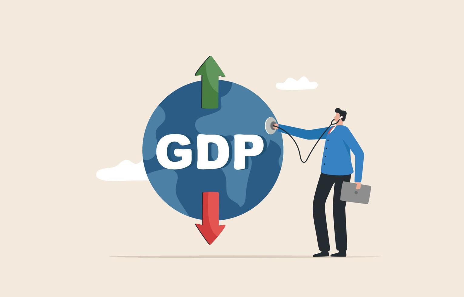 Gross domestic product or GDP. Check economic indicators of each country. Assessing the economy of global, quarterly, yearly. Businessman with a stethoscope examining the world economy. vector