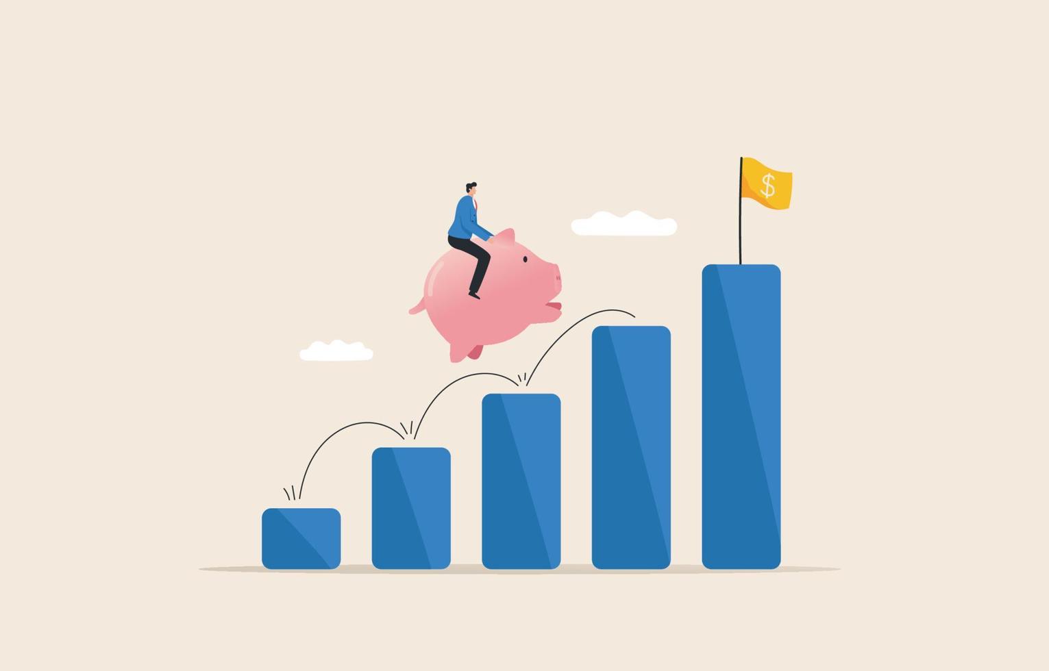investment goals and revenue growth.  Interest earned from savings. stock funds. A businessman riding a piggy bank runs up the top charts. vector