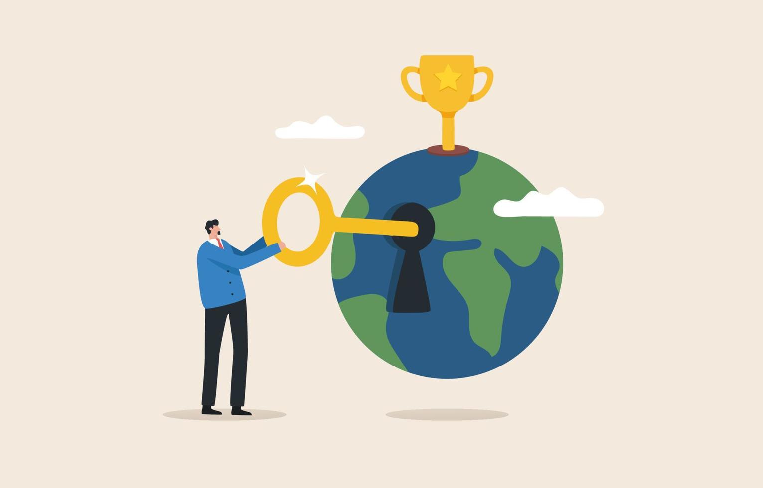 Key to success global business. Awards for achievements from the competition. Achievement goals with trophies. business man with key opening earth shape lock. vector