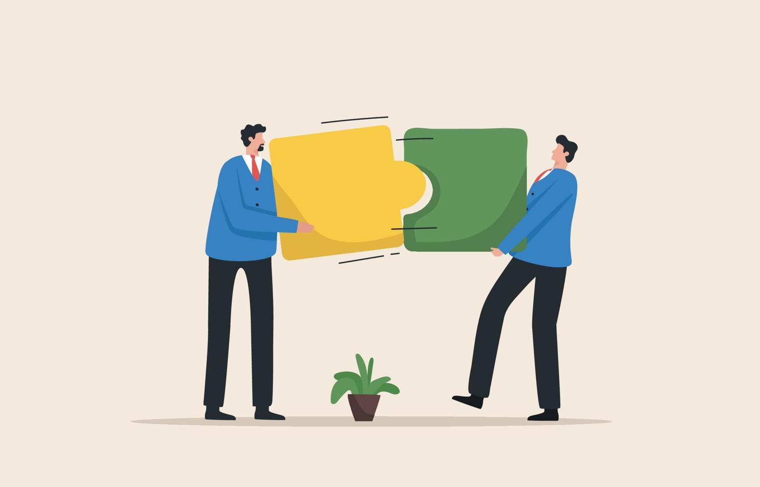 Partnership with puzzles. Connecting puzzle pieces is the solution. Business connections or relationships with colleagues. Two businessmen are connected by a puzzle. vector