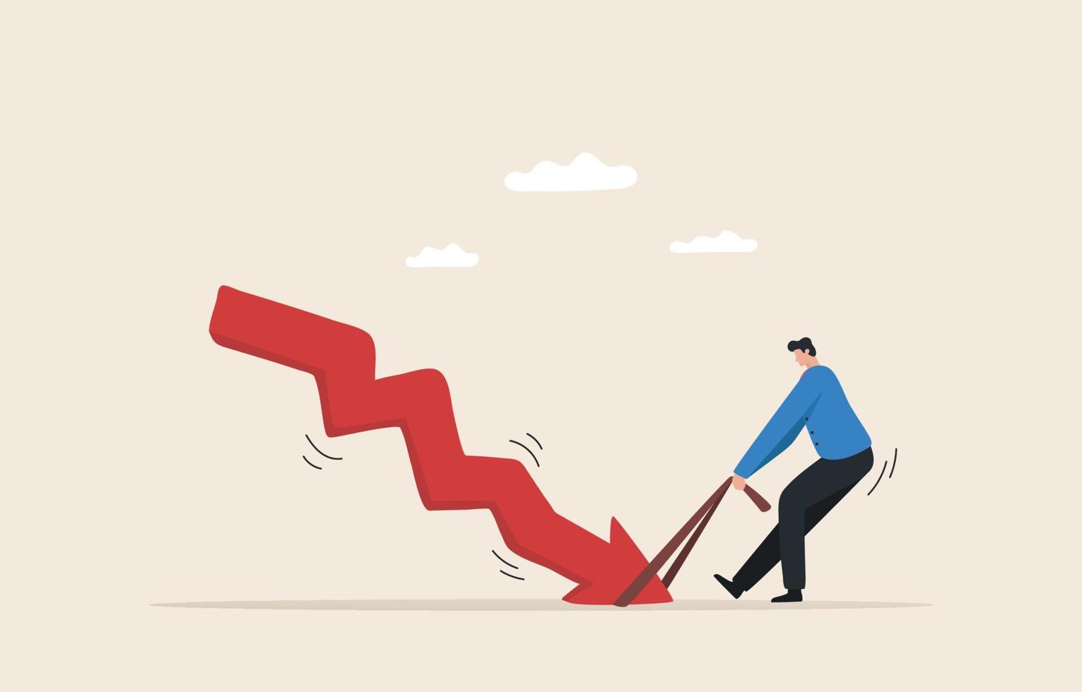 Solve investment problems in times of crisis. Effort to win business challenge. Stock market or crypto currency crash. Businessman tries to pull an arrow pointing up. vector