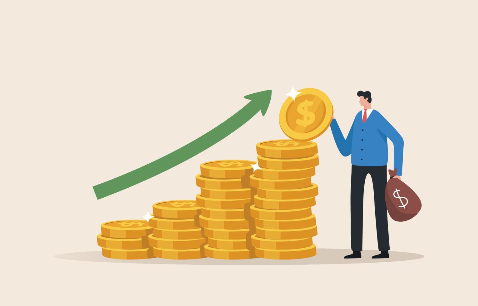 Growing profits from doing business or investing in stocks. an increase in income. Compound interest yield. Long term investing. Businessman  put more dollar coin money to increase his savings. vector