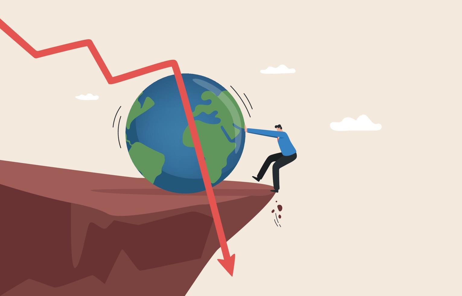 Global economic risks. Politics, war, inflation. impact of the Fed interest rate policy. Stock market volatility. Businessmen try hard to push the globe from falling off a cliff. vector