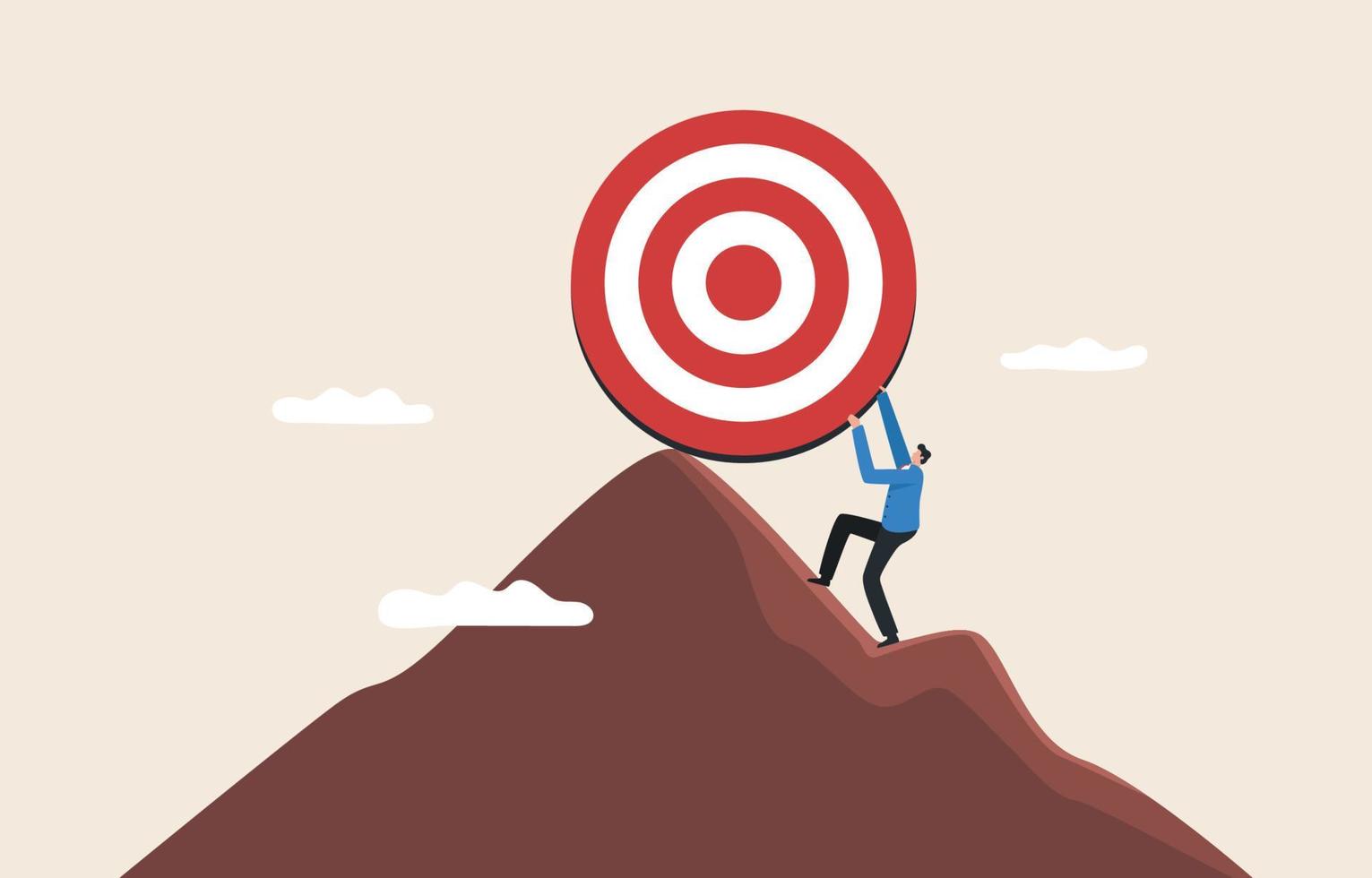 Setting targets and key Business goal. Set objective and achievement. Ascending to success at the top. Businessman leading archery target to set on the top of the mountain. vector