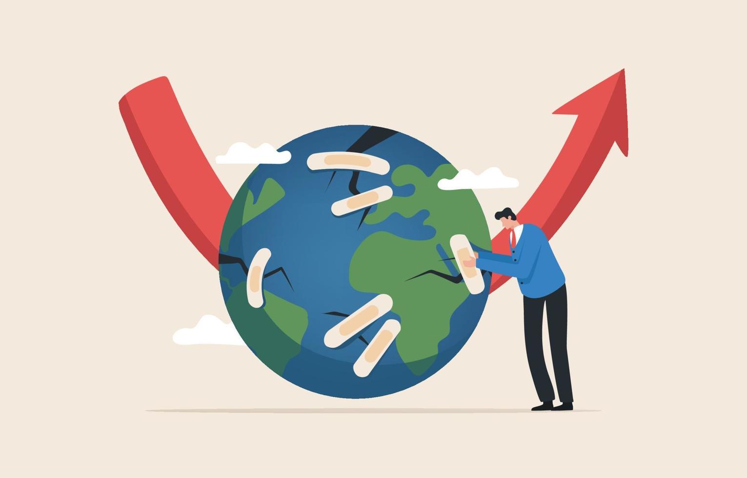 reparación mundial. restauración de la economía mundial. resolver problemas afectados por la recesión.empresario repara un globo roto con crisis económica. vector