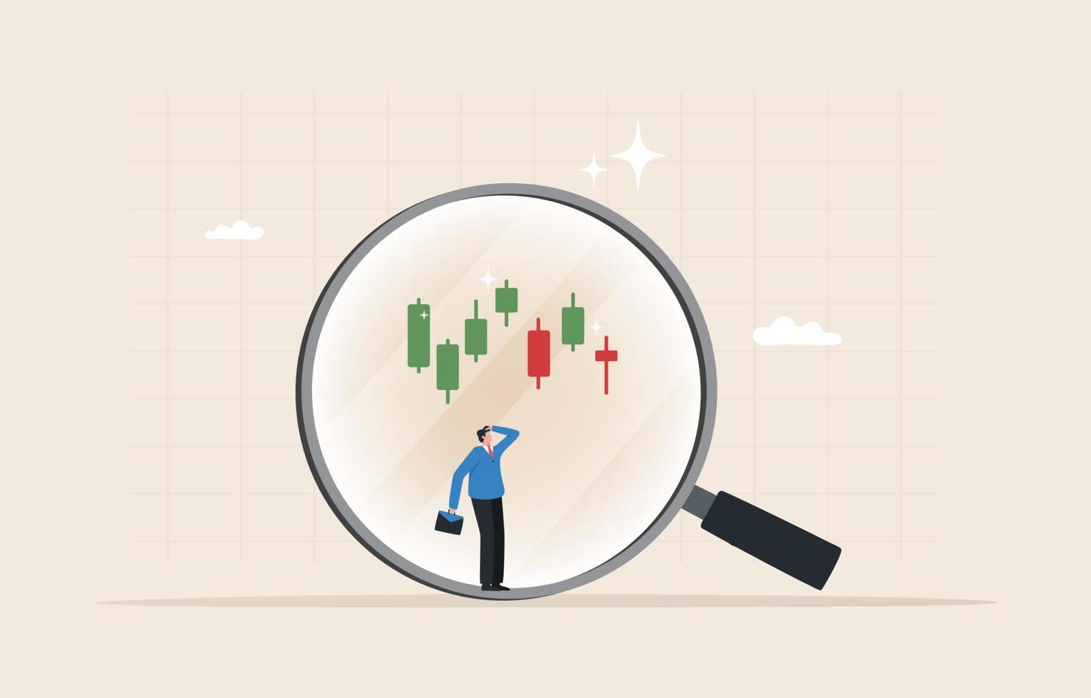 stock market technical analysis. Transition between rising and falling trends price patterns with signals. Investors use magnifying glasses to analyze investment charts. vector