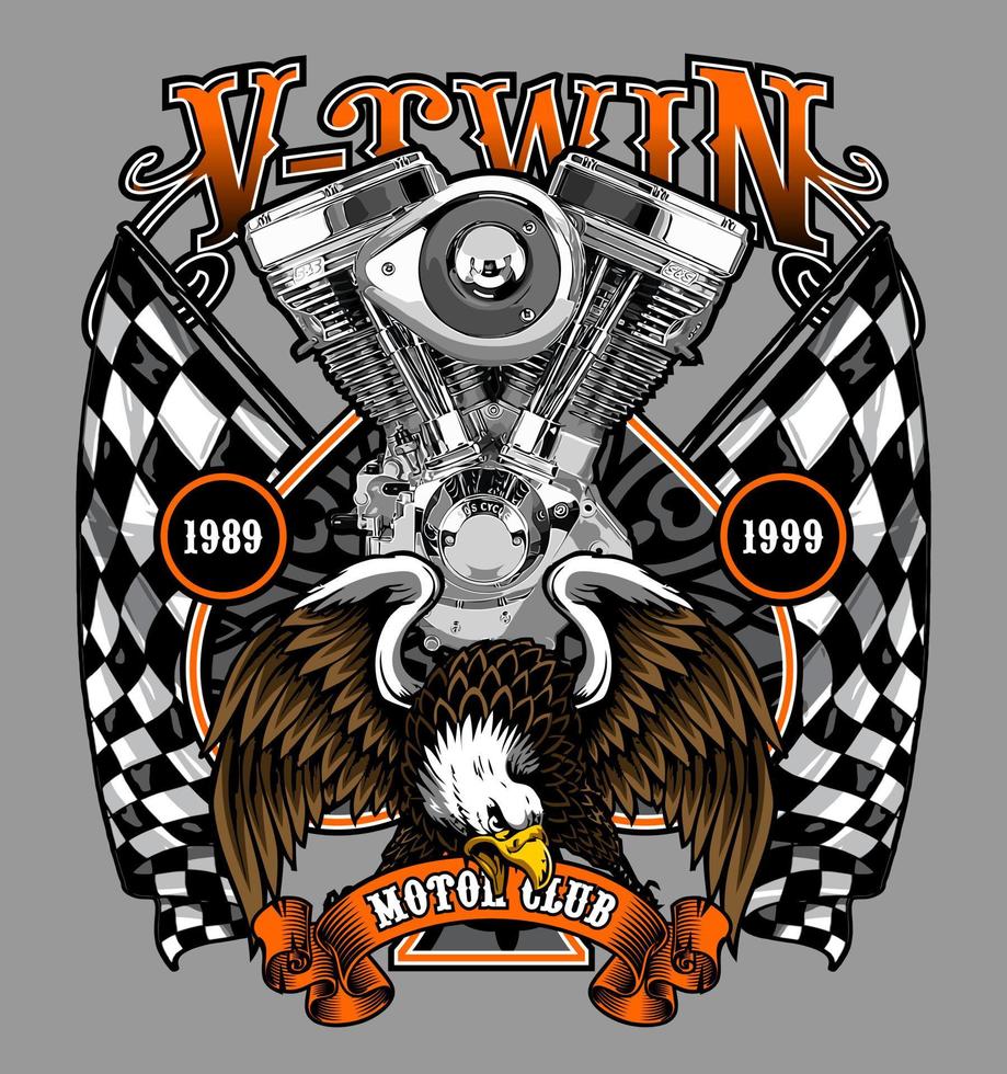 v twin and eagle on racing flag vector