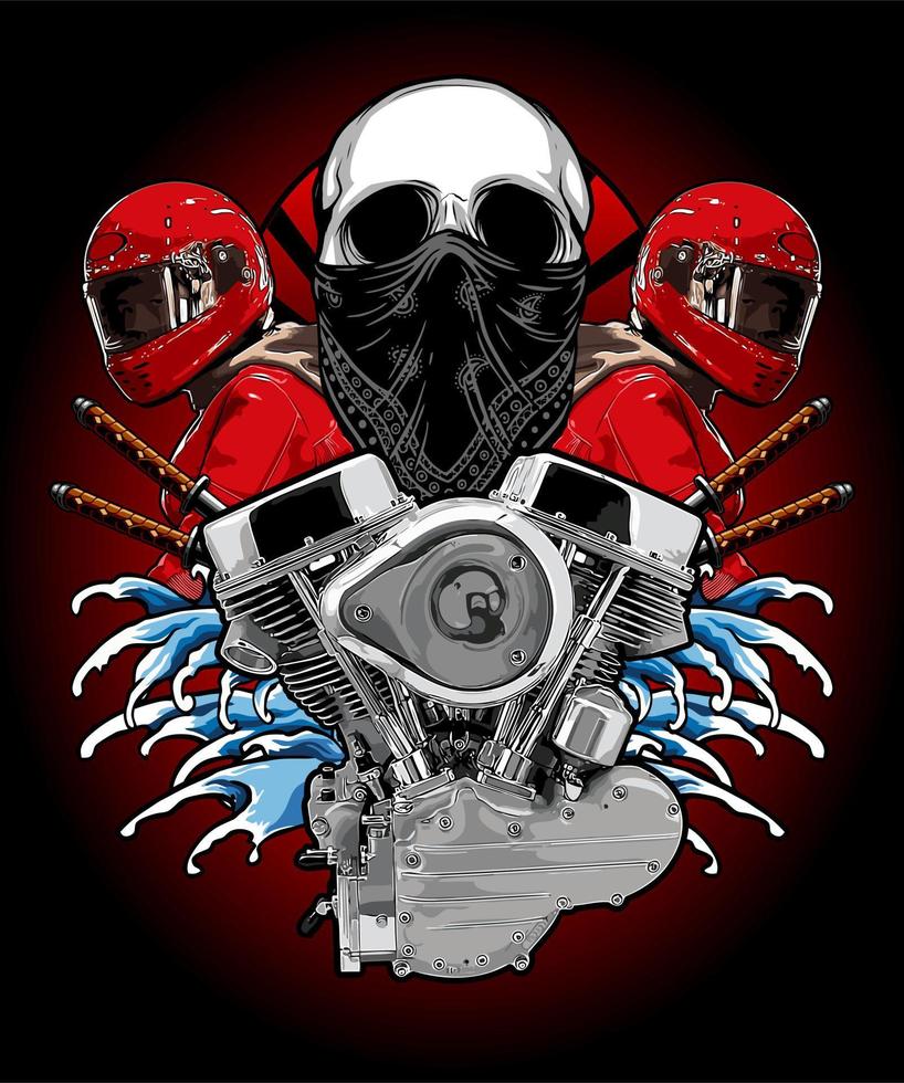 v twin engine with skull and bikers vector