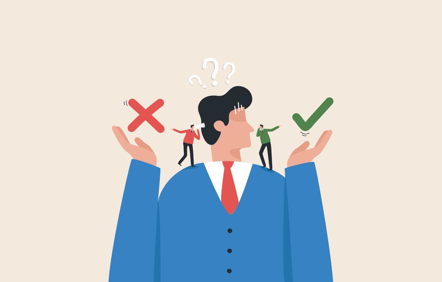 Business decision making.  Doubt about options confusion. Yes or No. Left or right. Businessman chops with making choices and listen to opinions. vector
