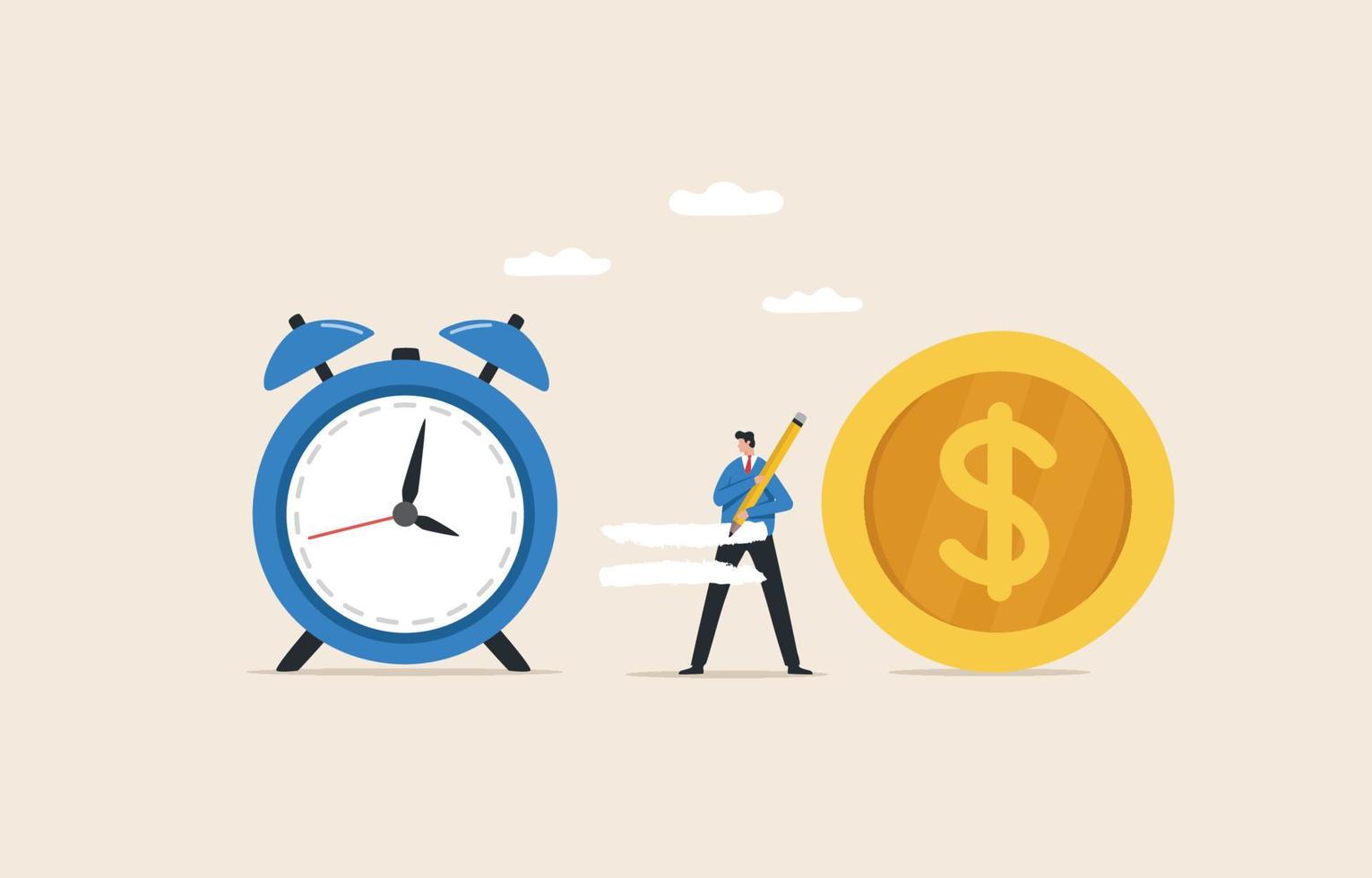 el tiempo es concepto de dinero, valor del dinero en el tiempo, ahorro de tiempo, ahorro de dinero. gestión del tiempo. un hombre de negocios escribe un signo igual en el medio entre el reloj y la moneda de un dólar. vector