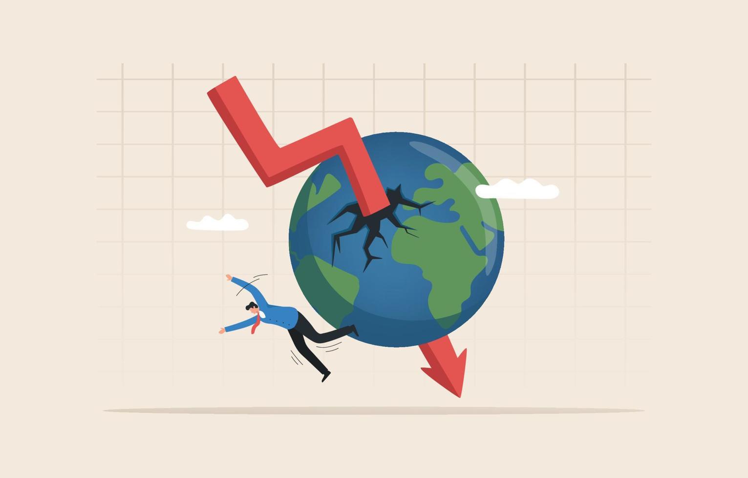 recesión mundial o desaceleración económica. crisis financiera mundial. efecto de la inflación. el mercado de valores es volátil. gráfico de flecha cayendo en el mundo. vector