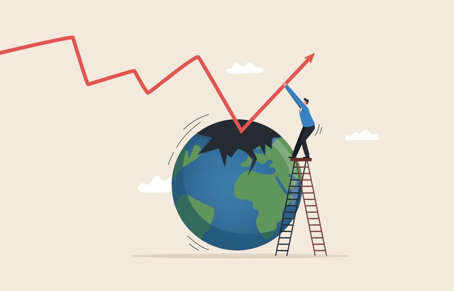 Crisis y solución. resolver problemas financieros y de inversión. crisis de recesión económica. gráfico de flecha cayendo al mundo. el hombre de negocios saca un gráfico de flecha de un agujero negro. vector