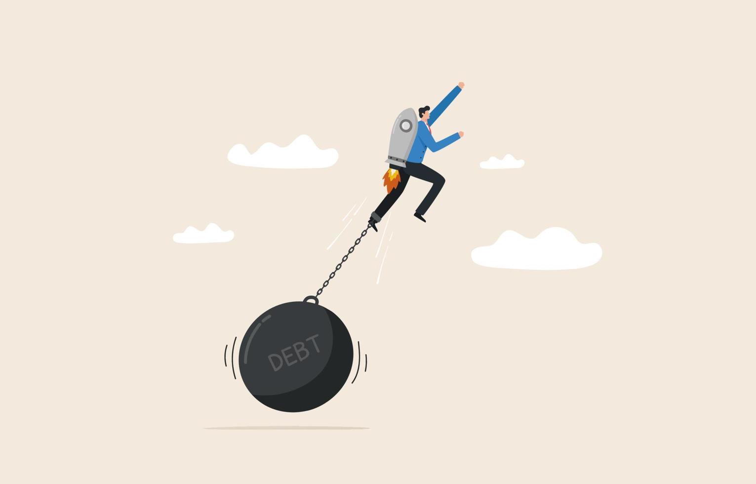 Overcome financial or debt hurdles. Financial freedom or independence. break free from bondage. Businessman beats a giant steel ball with a high-speed  jetpack rocket. vector