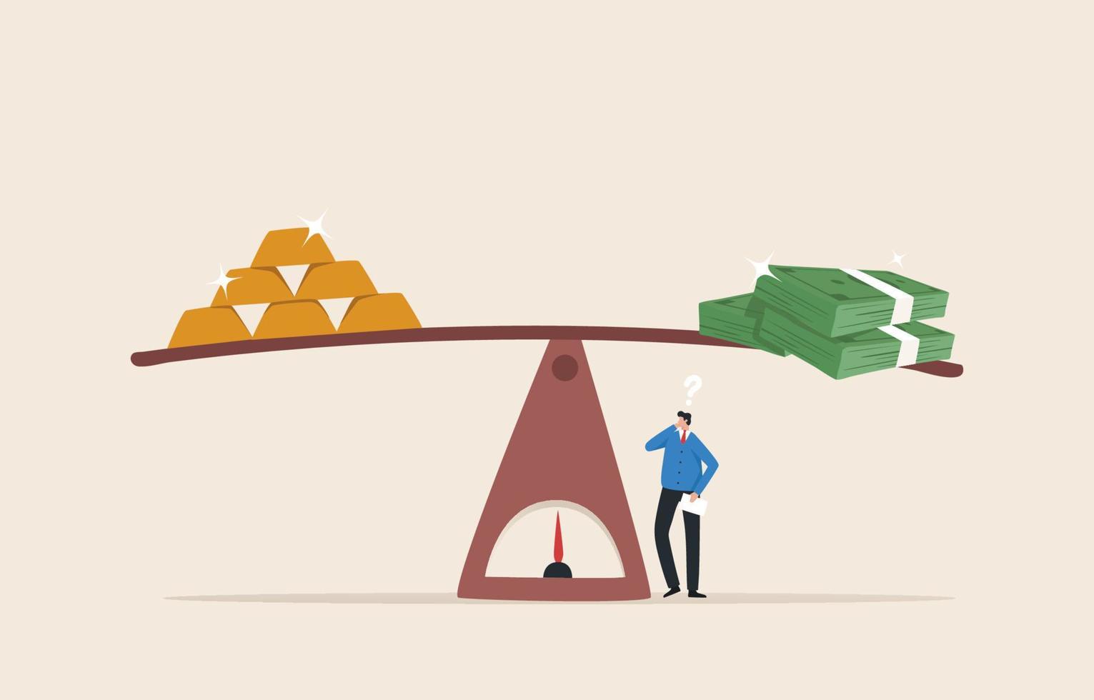 Invest in government bonds and gold. Financial planning. Balance in investment choices. Wealth management and asset allocation concepts. Banknotes and gold on a seesaw. vector