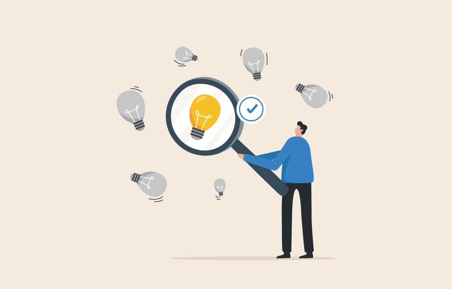 Validate Your Startup Idea. Find a problem enough to be worth solving.  Determine the validity of the idea from the idea. Businessman using a magnifying glass with a light bulb. vector
