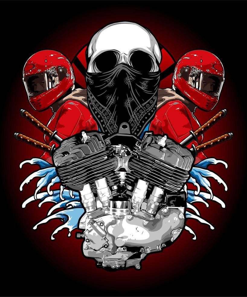 v twin engine with skull and bikers vector
