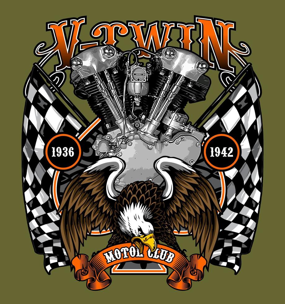 v twin and eagle on racing flag vector