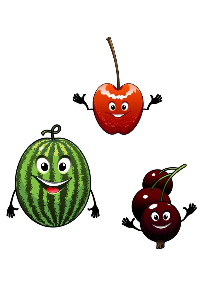 Watermelon, currant and cherry cartoon fruits vector