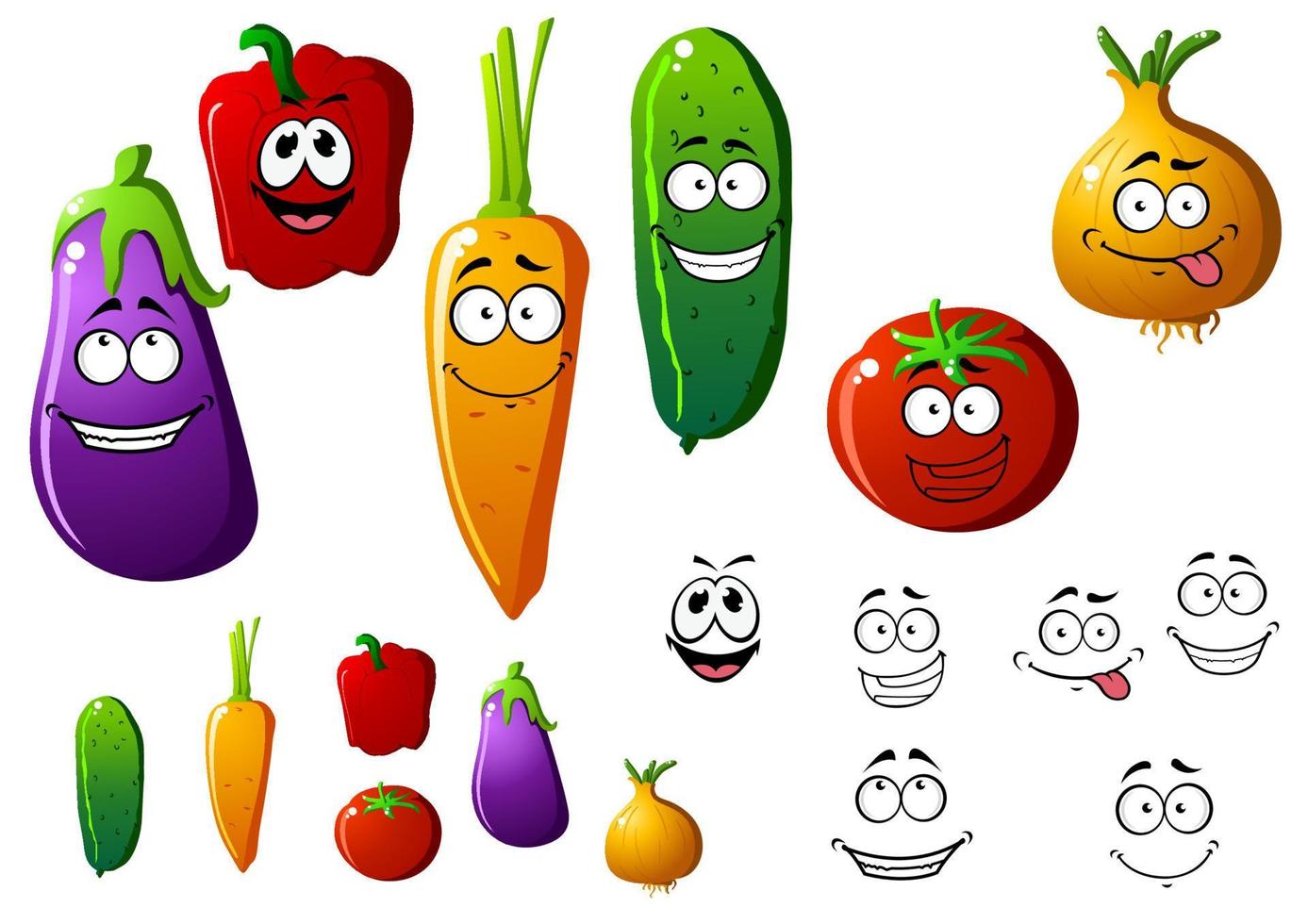 verduras de dibujos animados con emociones divertidas vector