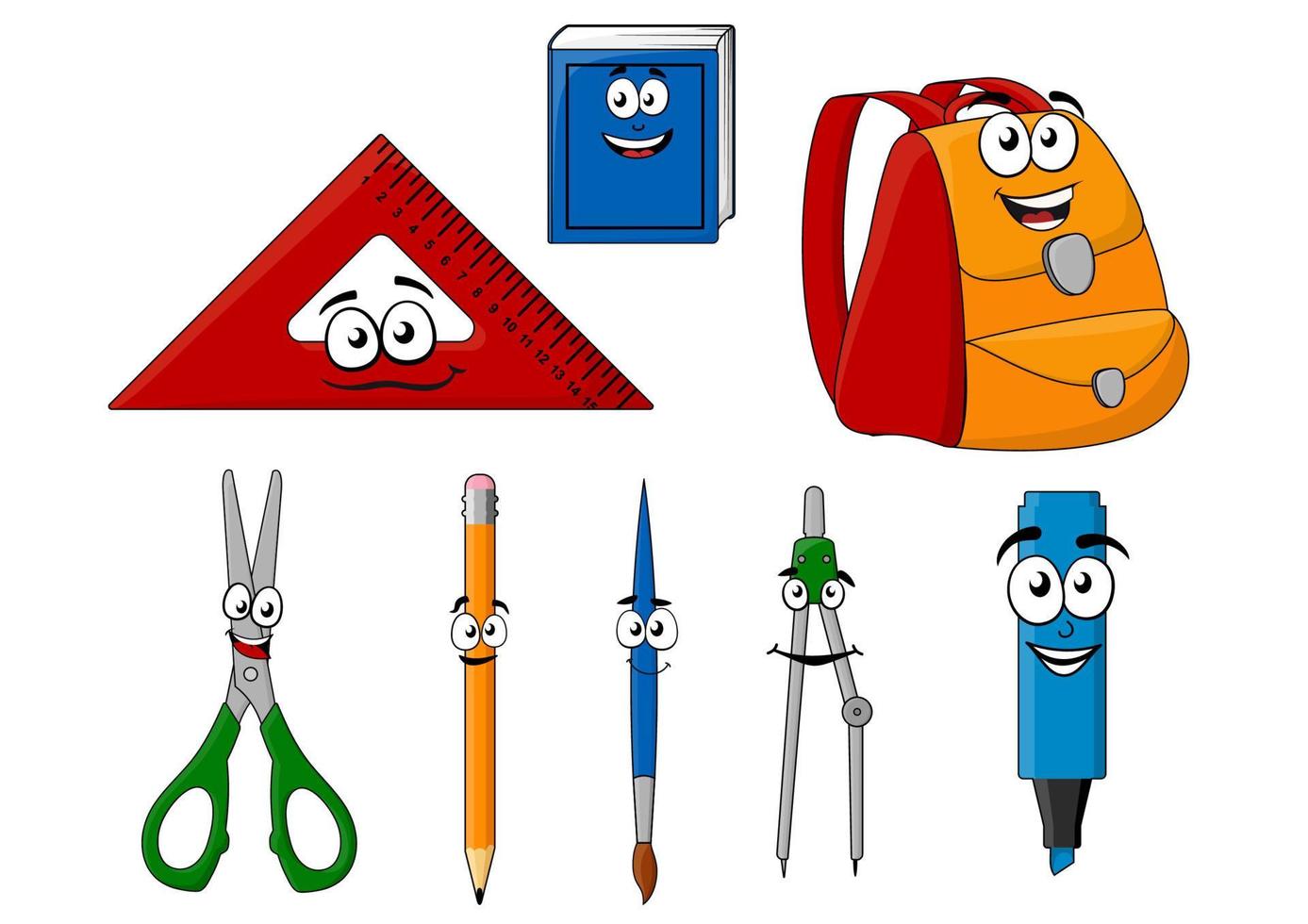 útiles escolares y objetos en estilo de dibujos animados vector