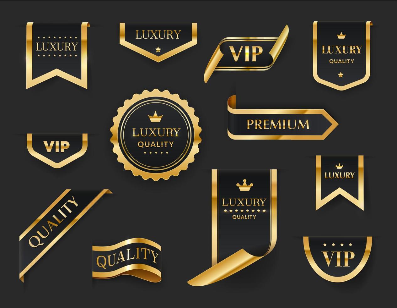 lujo, vip, etiquetas de oro premium, cintas, insignias vector