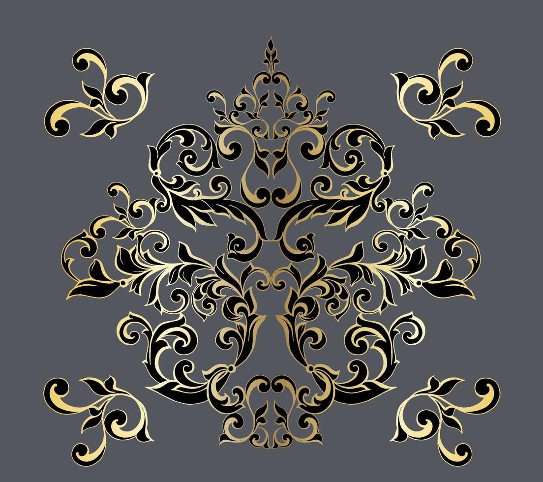 Vector damask vintage baroque scroll ornament swirl. Victorian monogram heraldic shield swirl. Retro floral leaf pattern border foliage antique  acanthus calligraphy engraved tattoo.Tile decor element