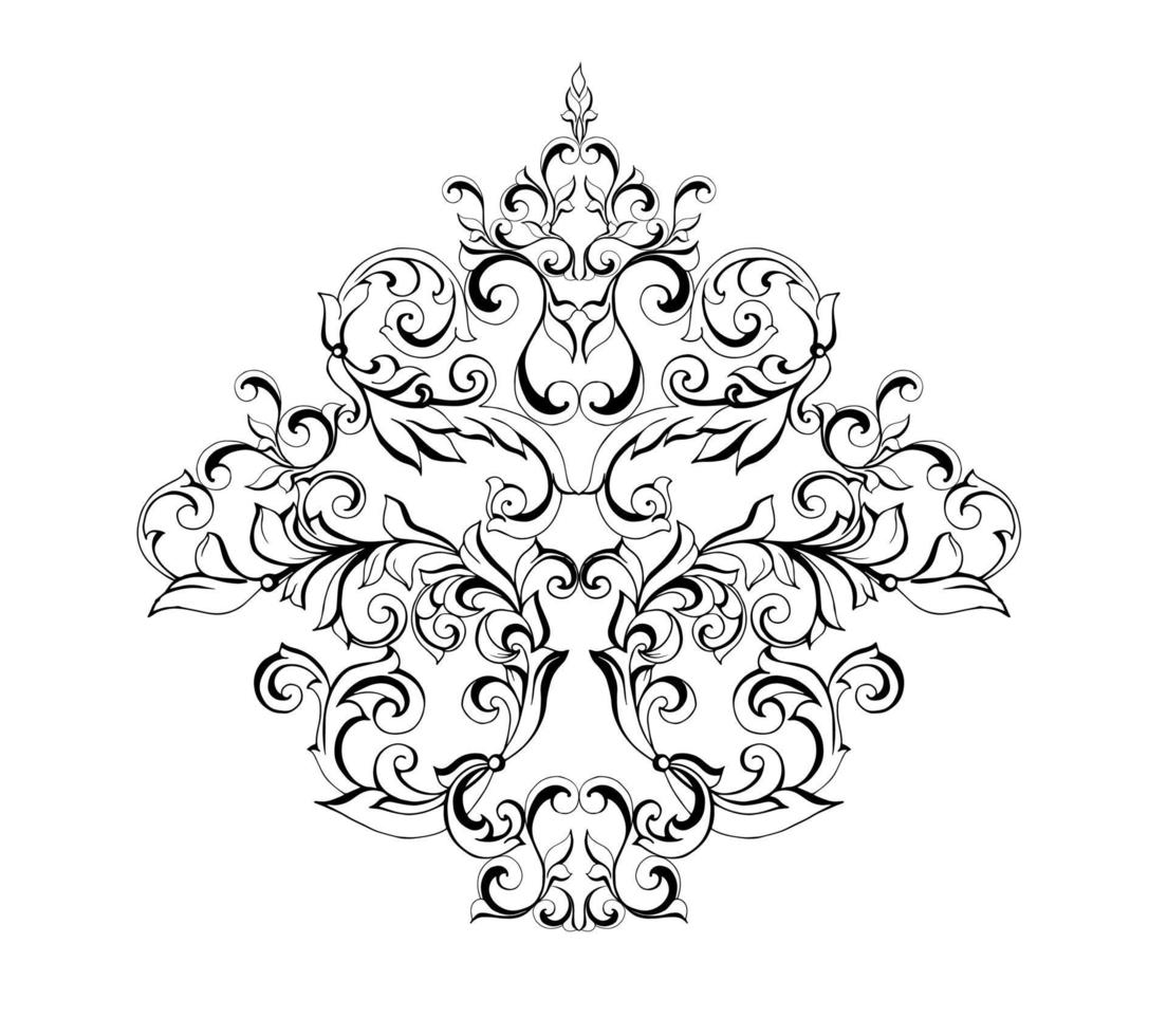 Remolino de ornamento de pergamino barroco vintage de damasco vectorial. remolino del escudo heráldico del monograma victoriano. retro floral hoja patrón borde follaje antiguo acanto caligrafía grabado tatuaje azulejo elemento de decoración vector