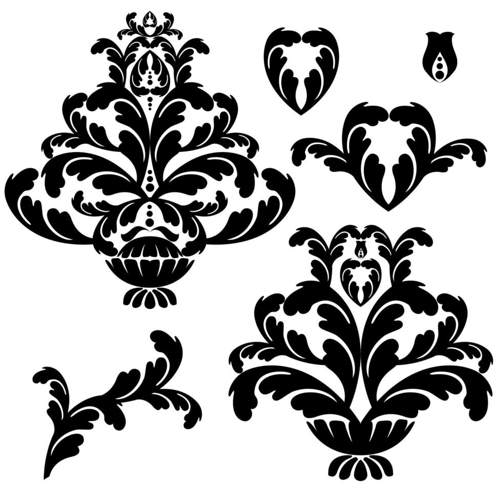 Remolino de ornamento de pergamino barroco vintage de damasco vectorial. remolino del escudo heráldico del monograma victoriano. retro floral hoja patrón borde follaje antiguo acanto caligrafía grabado tatuaje azulejo elemento de decoración vector