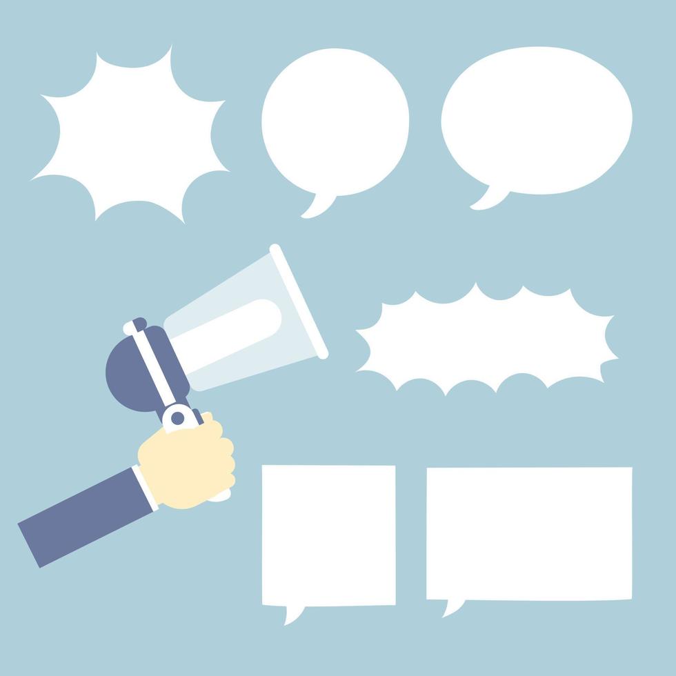hand holding announcement megaphone with speech bubble balloon , speak, talk, text box, promotion price sale discount special advertisement shop, flat design vector illustration
