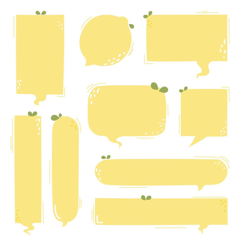 collection set of hand drawn line frame border, blank speech bubble balloon cute lemon circle and square shape, pastel color, think, speak, talk, text box, banner, flat design vector illustration