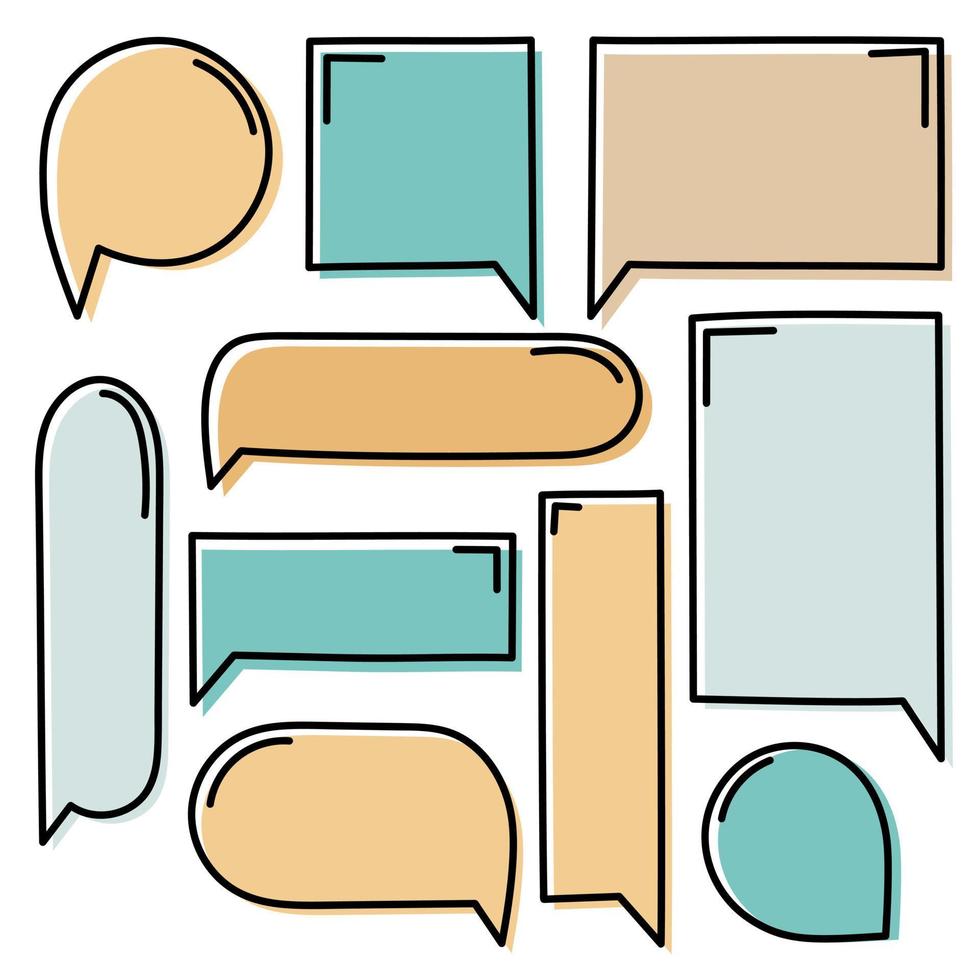 collection set of cute hand drawn line frame border, blank speech bubble balloon circle and square shape orange and green color, think, speak, talk, text box, banner, flat design vector illustration