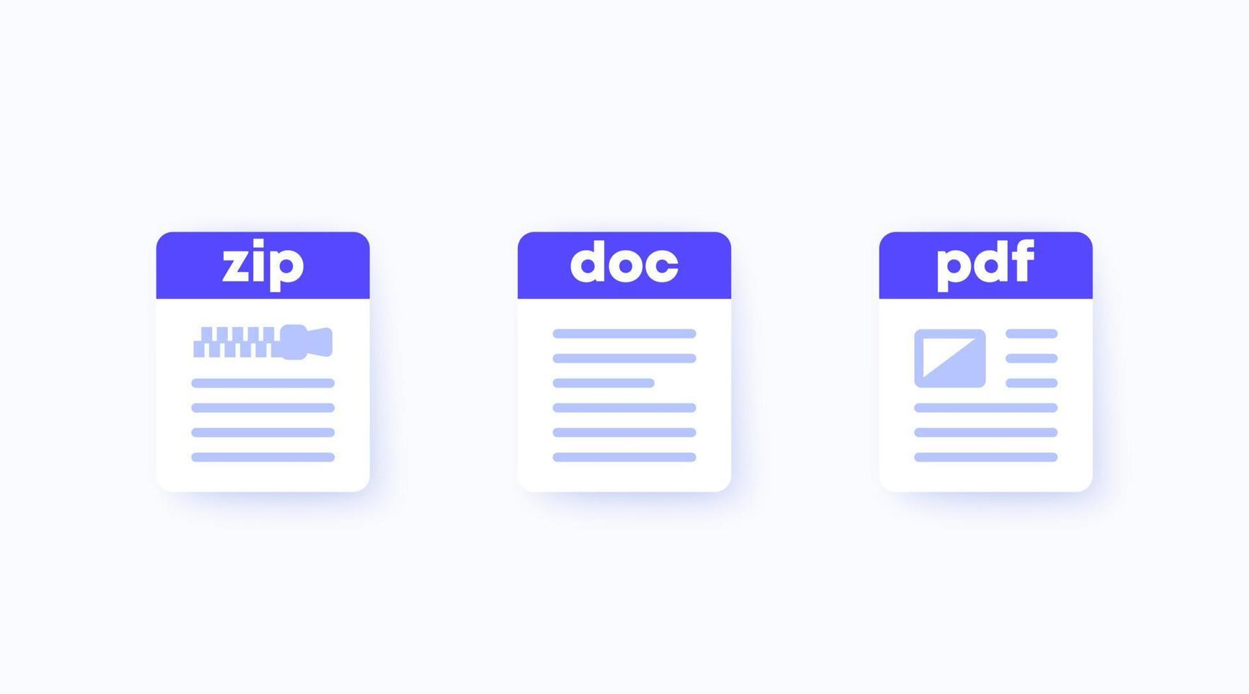 Zip, doc and pdf file icons vector