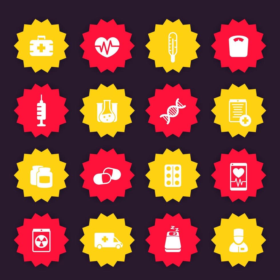 medicine icons, vector badges, health care, hospital, medicaments, pills