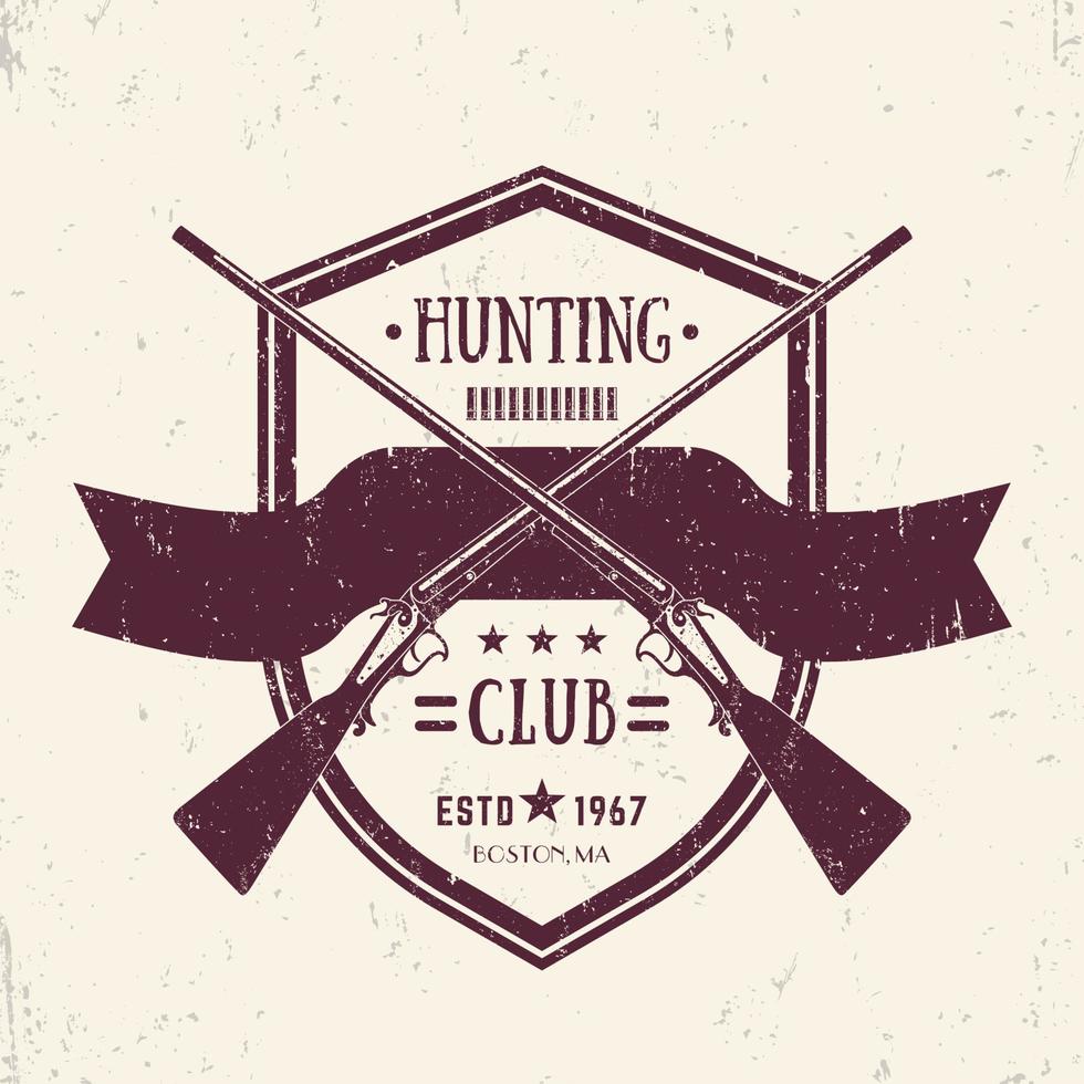 Hunting club vintage logo with two crossed old rifles, vector retro emblem