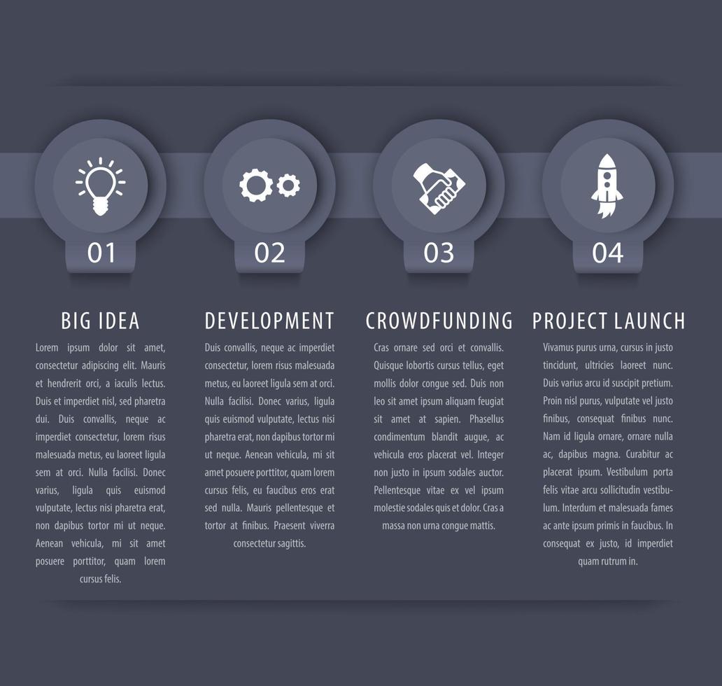 elementos de plantilla de infografía de inicio, 1, 2, 3, 4 pasos, línea de tiempo, en gris y blanco, ilustración vectorial vector