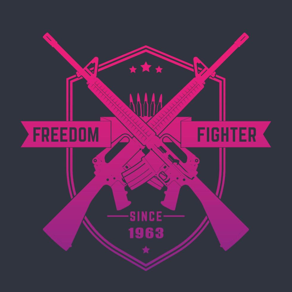 Freedom fighter, vintage emblem with assault rifles, vector illustration