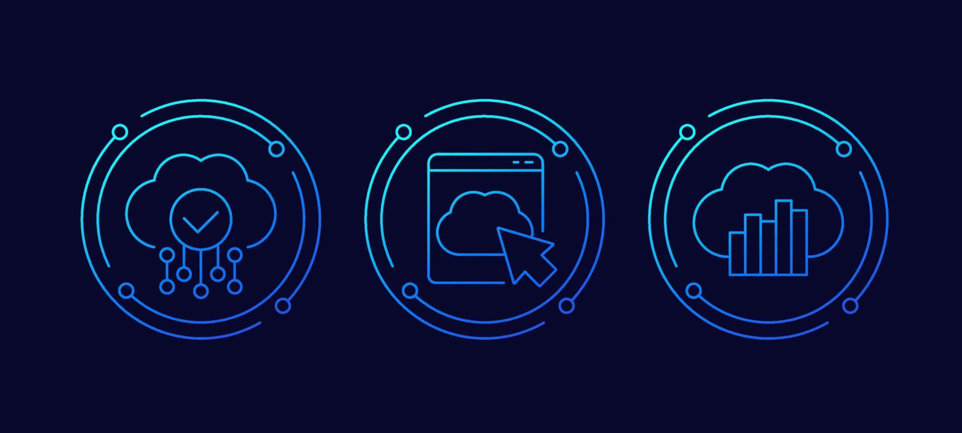 SaaS solutions, cloud services line icons vector