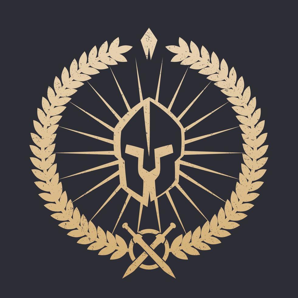 emblem, logo with spartan helmet, gold on dark, grunge can be easily removed vector