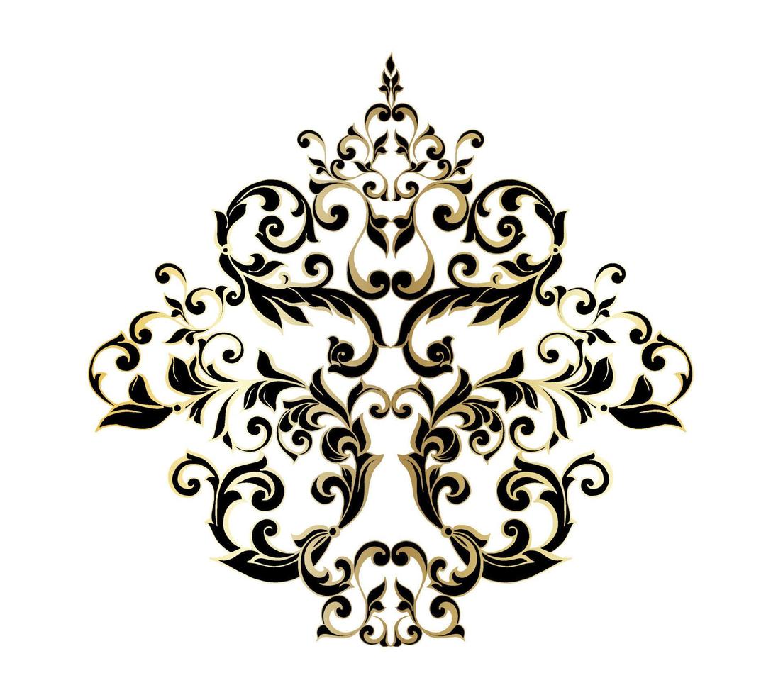 Remolino de ornamento de pergamino barroco vintage de damasco vectorial. remolino del escudo heráldico del monograma victoriano. retro floral hoja patrón borde follaje antiguo acanto caligrafía grabado tatuaje azulejo elemento de decoración vector