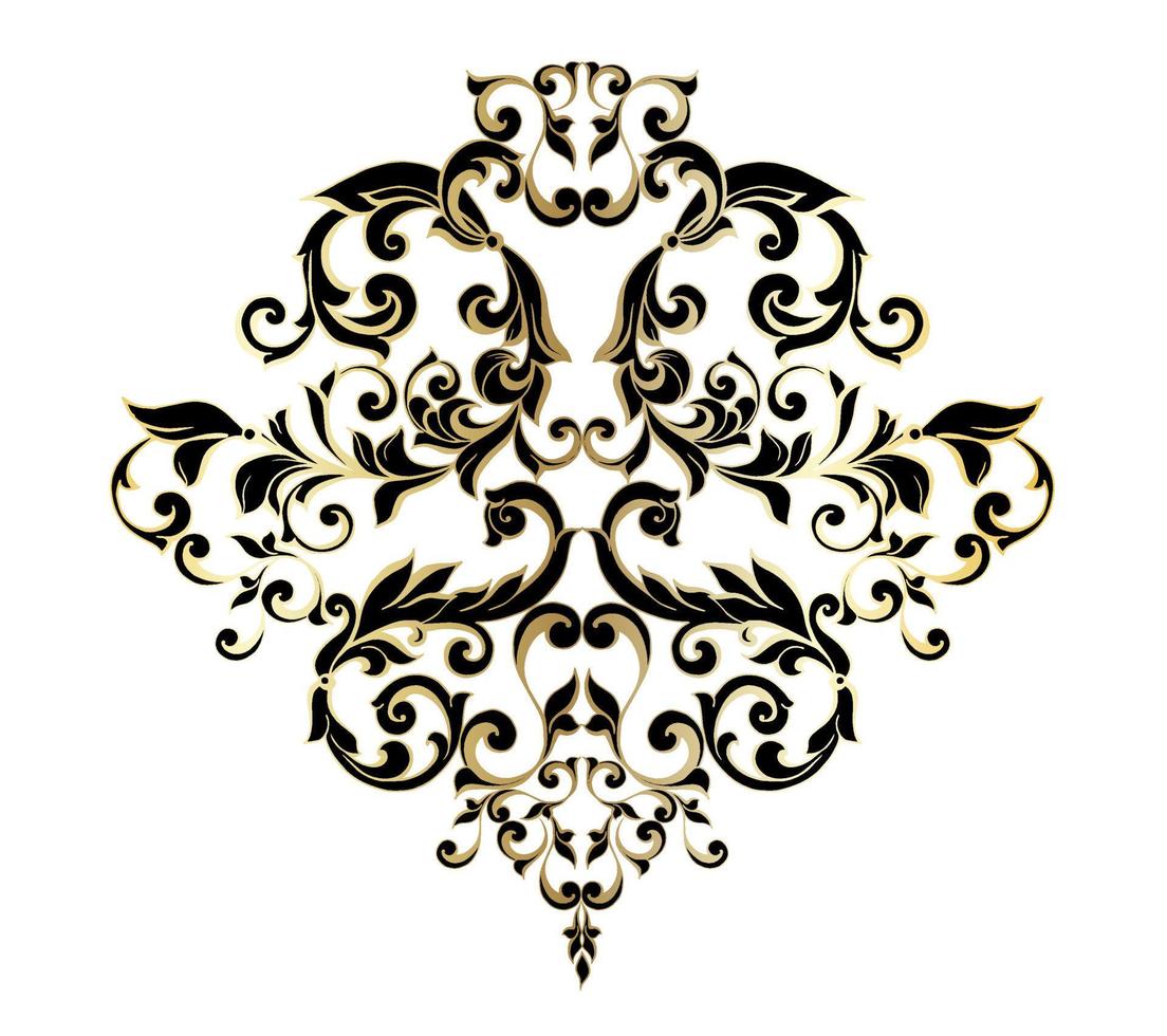 Remolino de ornamento de pergamino barroco vintage de damasco vectorial. remolino del escudo heráldico del monograma victoriano. retro floral hoja patrón borde follaje antiguo acanto caligrafía grabado tatuaje azulejo elemento de decoración vector