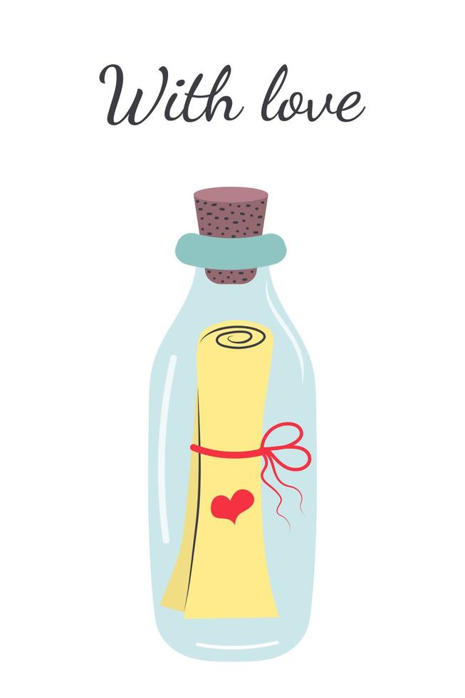 carta con corazón en la botella de vidrio. mensaje de amor. con cita de amor. tarjeta de felicitación o póster. vector