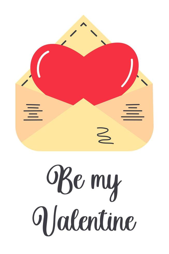 Envelope with a big red heart inside.  Be my Valentine quote. Greeting card or poster. vector