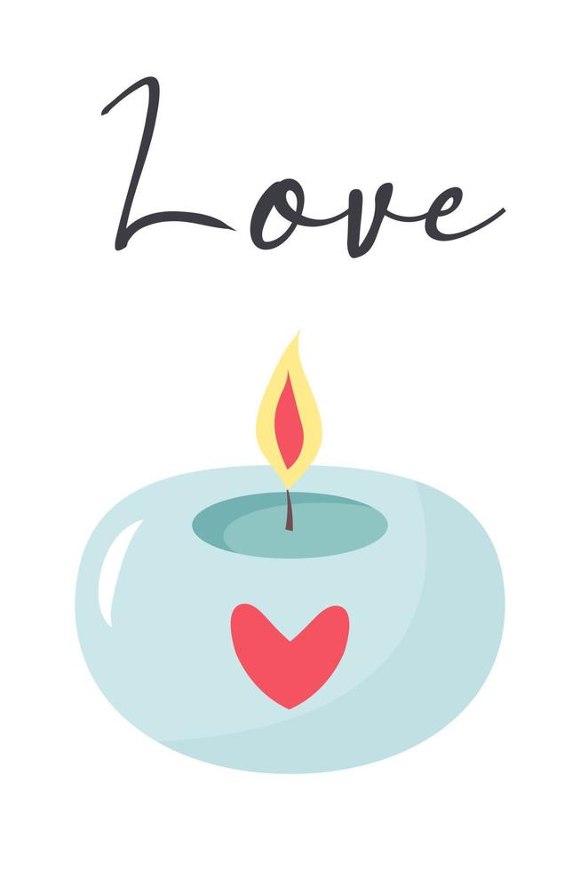 Aromatic round candle with a heart. Love quote. vector