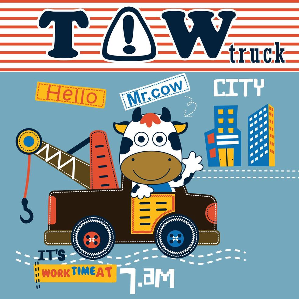 tow truck and cow funny animal cartoon vector