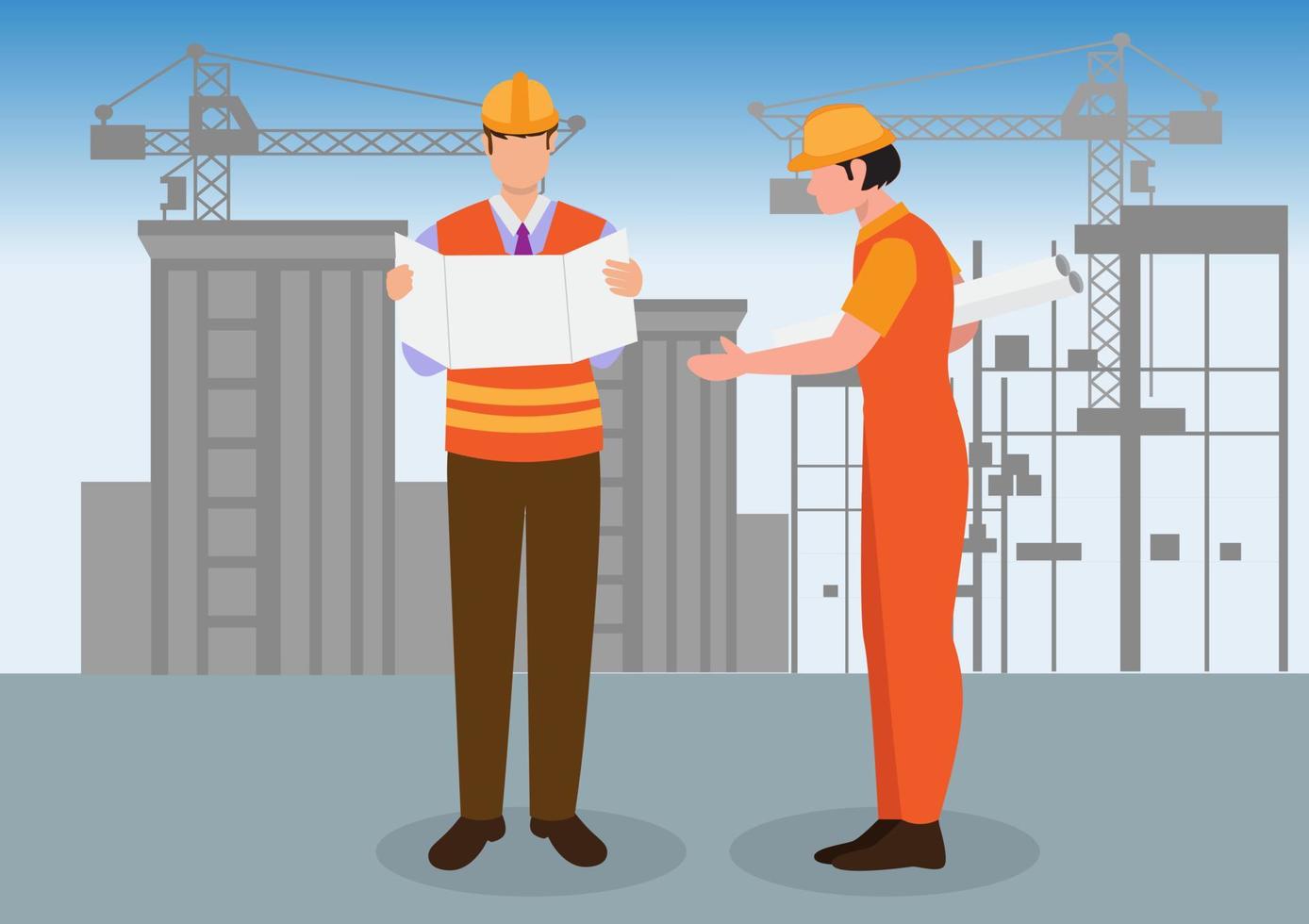 Engineer discussing problems at a construction site, flat vector illustration The foreman is looking at the construction project plan. Construction and Engineering Concepts machines