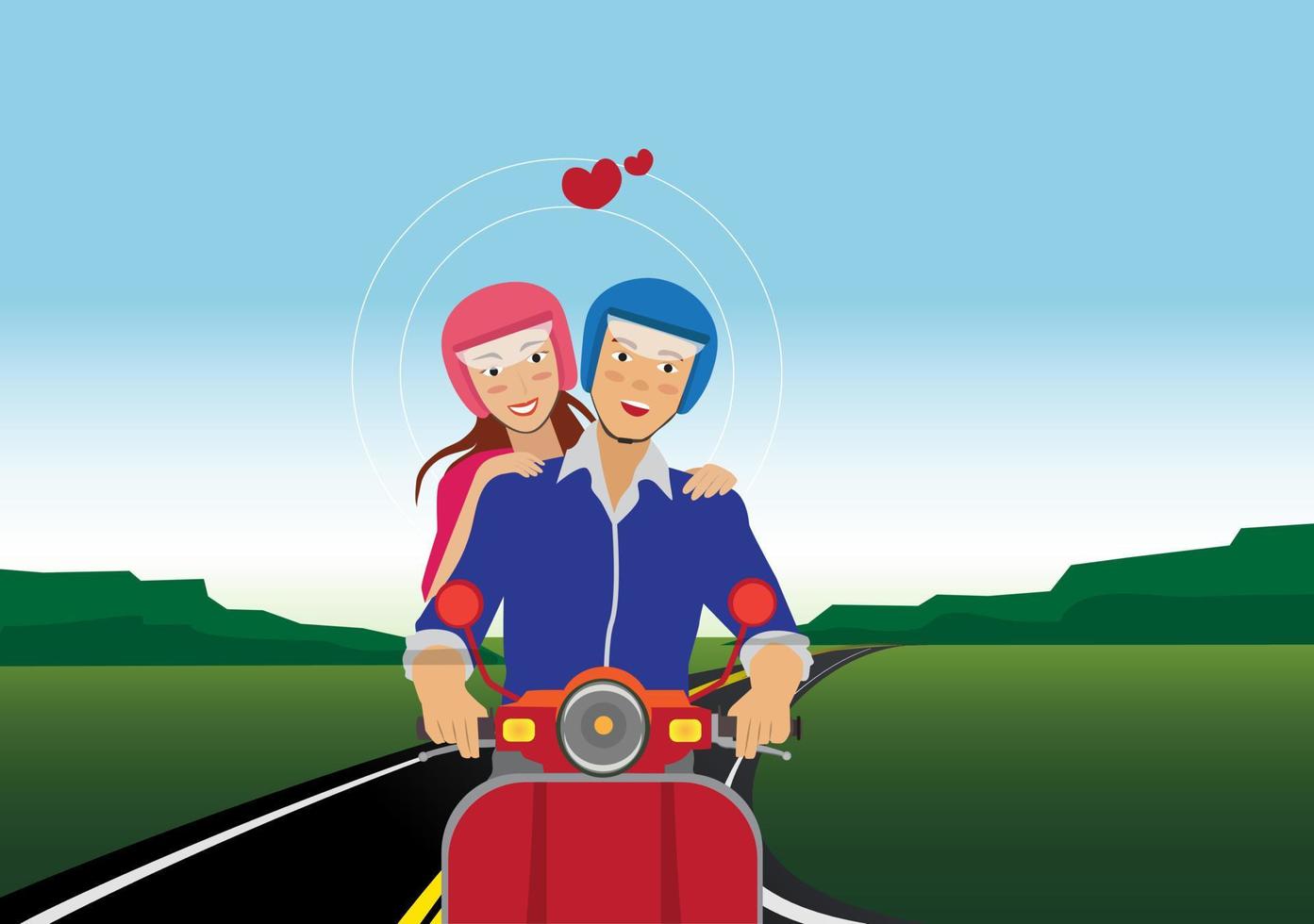 couple wearing helmets riding a motorcycle in summer vector illustration