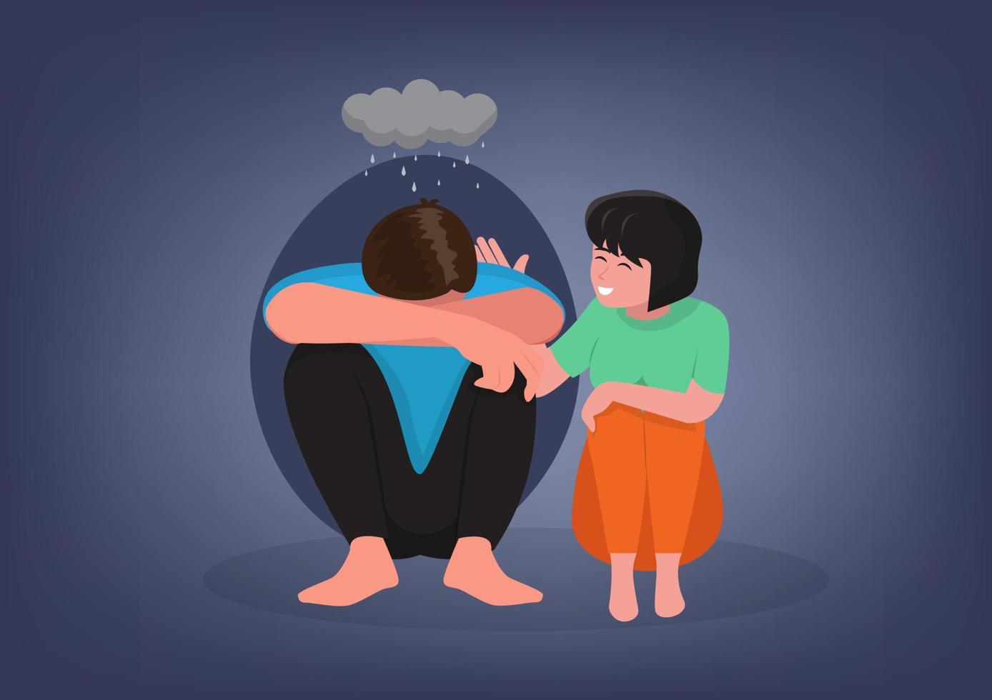 A melancholy young man sat with his head on his arms and knees. Young woman comforting young man with pat on sad concept or stressed student. Mental health. Vector illustration.