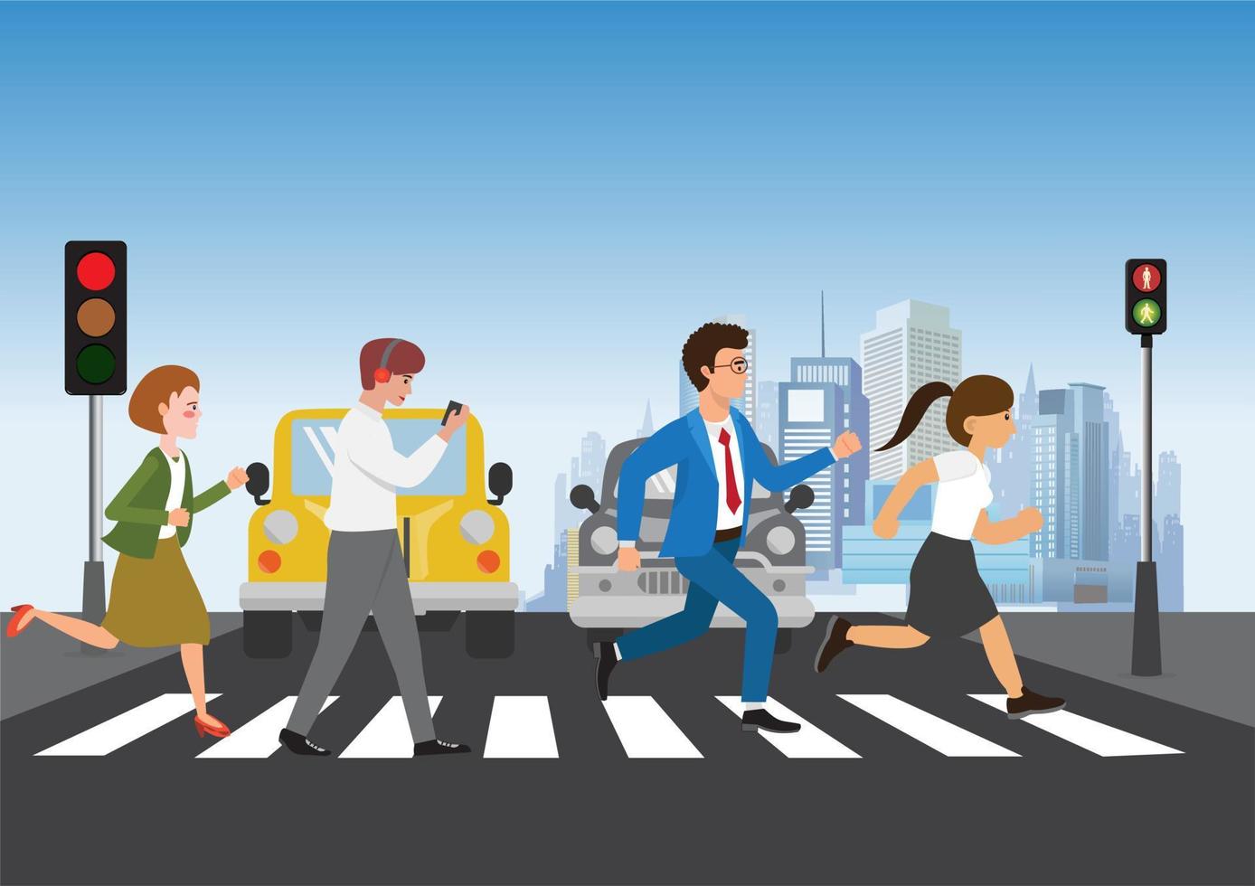 Group of students and teachers crossing the road on a zebra crossing with  traffic lights, flat vector illustration. 11231780 Vector Art at Vecteezy